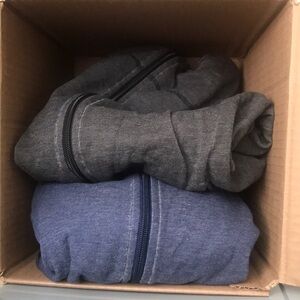 Gray and Blue Zip-Up Hoodies of two